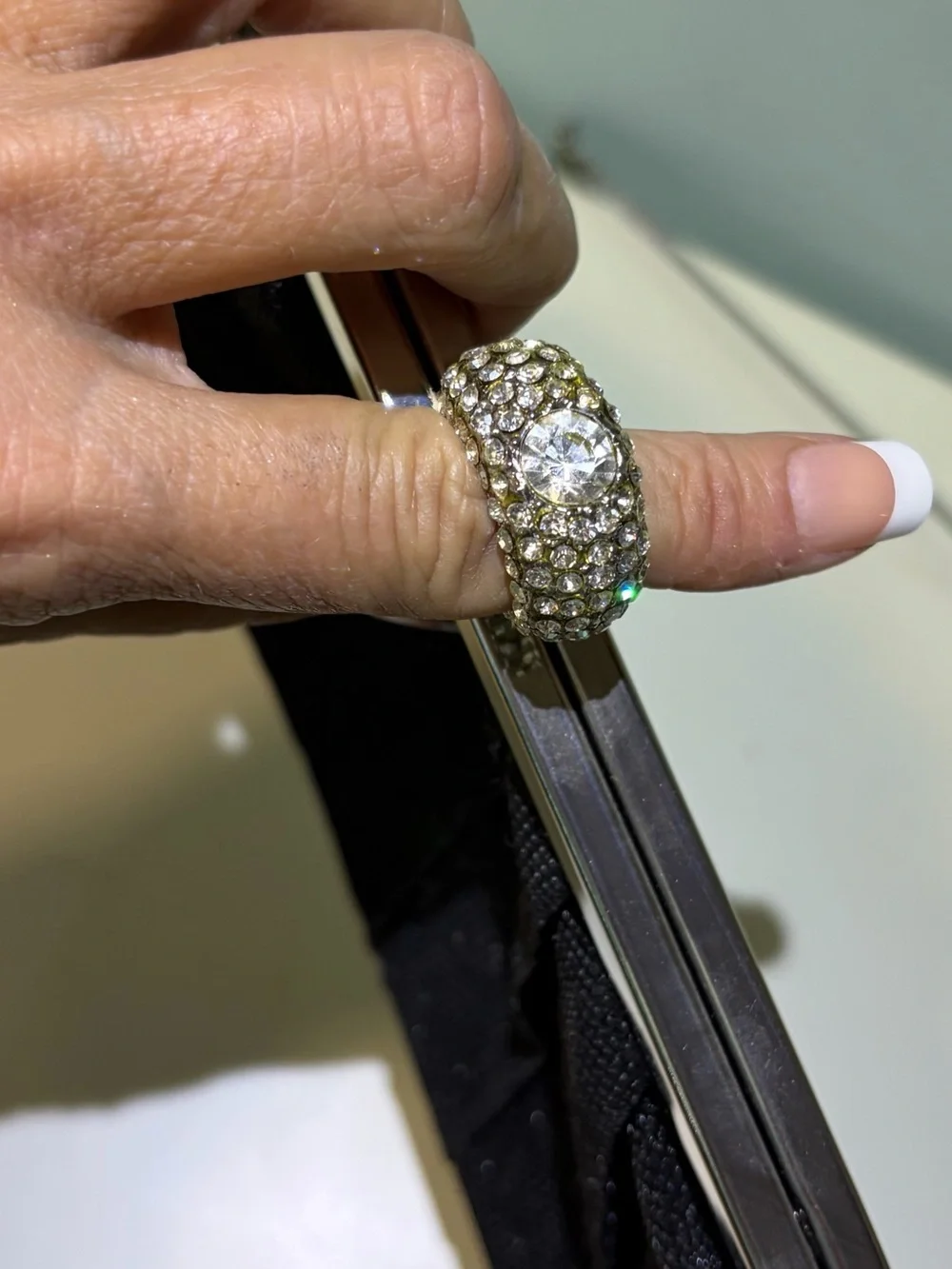 Jessica McClintock Sparkly Black Evening Clutch Rhinestone Finger Hold & Chain